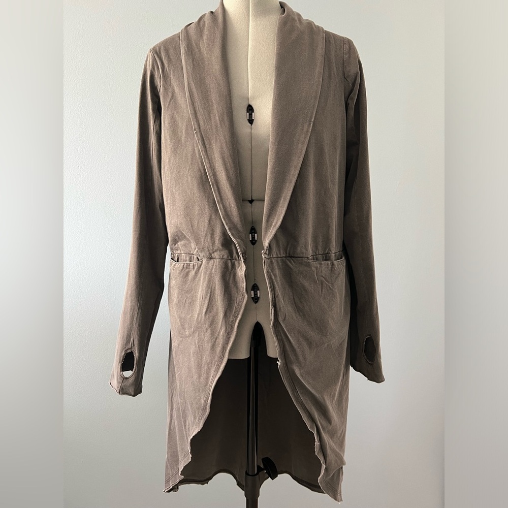 Tigha Cotton Longline Cardigan Jacket Gray Thumbhole Sleeves Biker Style Size L